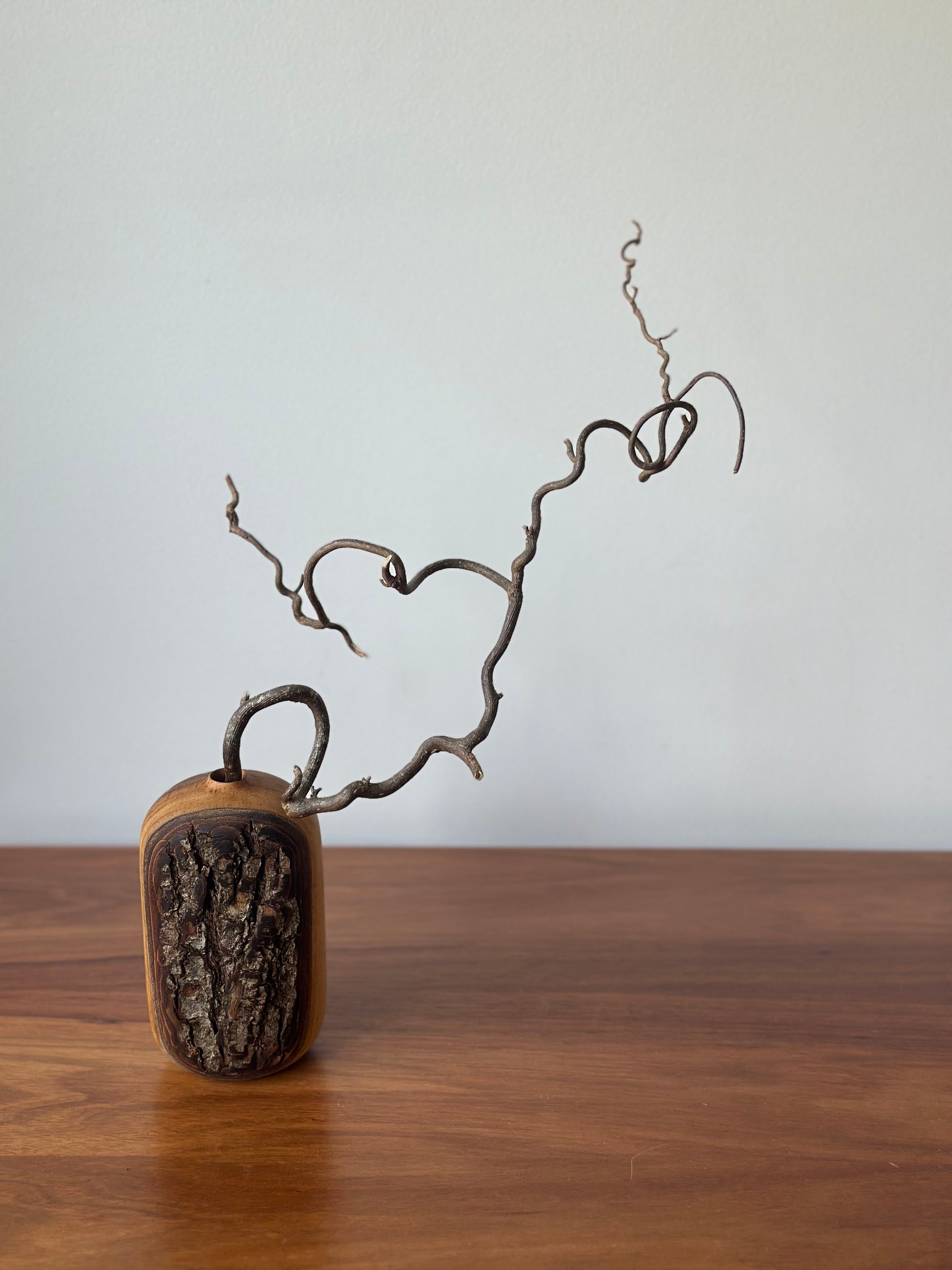 A small decorative sculpture or vase-like object with a rounded rectangular base, featuring a dark textured front panel and a curved brown branch or vine rising from the top, displayed on a wooden surface against a plain light wall.